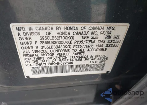 2004 Honda Pilot Ex-L from USA, damaged, VIN 2HKYF18604H572646